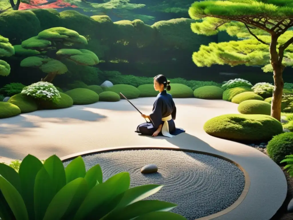 Un jardín japonés sereno con un jardín de rocas Zen, una cascada y un practicante de Iaido