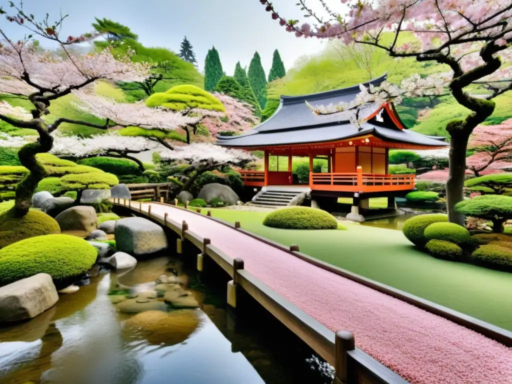 Un jardín japonés sereno con un samurái contemplativo y un templo budista entre cerezos en flor