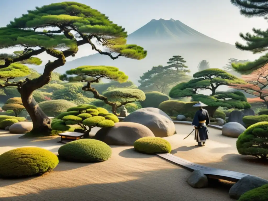 Un jardín japonés sereno con un samurái, expresando la disciplina samurái en vida cotidiana