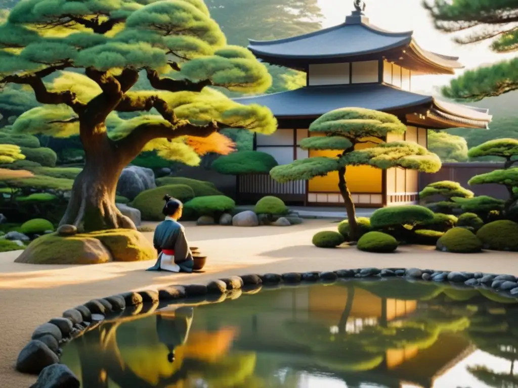 Un jardín japonés sereno con un samurái meditando, capturando la esencia de la filosofía minimalista samurái