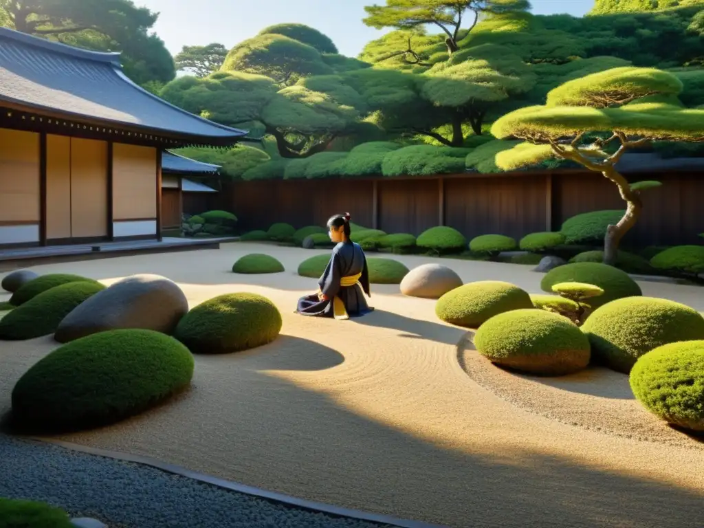 Un jardín japonés sereno con un samurái en meditación, rodeado de naturaleza exuberante y una casa de té tradicional al fondo