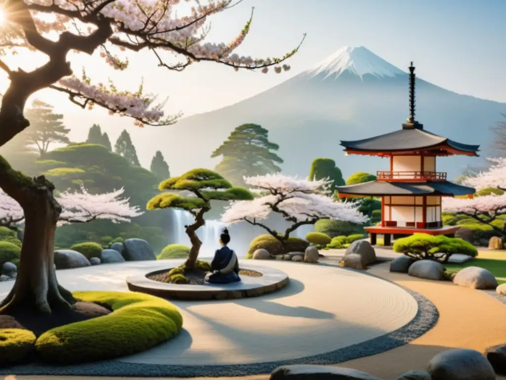 Un jardín japonés sereno con un samurái meditando, rodeado de bonsáis y una pagoda, evocando disciplina mental en la formación samurái