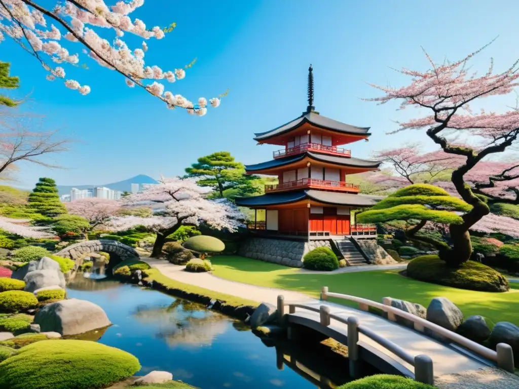 Un jardín japonés sereno con pagoda, samurái en meditación y técnicas de meditación samurái para mindfulness