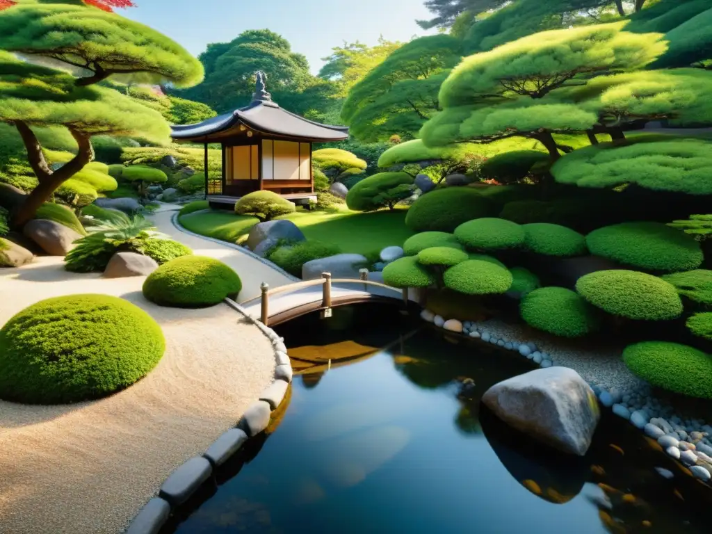 Un jardín japonés sereno con un teahouse tradicional y un arroyo, reflejando la influencia zen en la cocina samurái