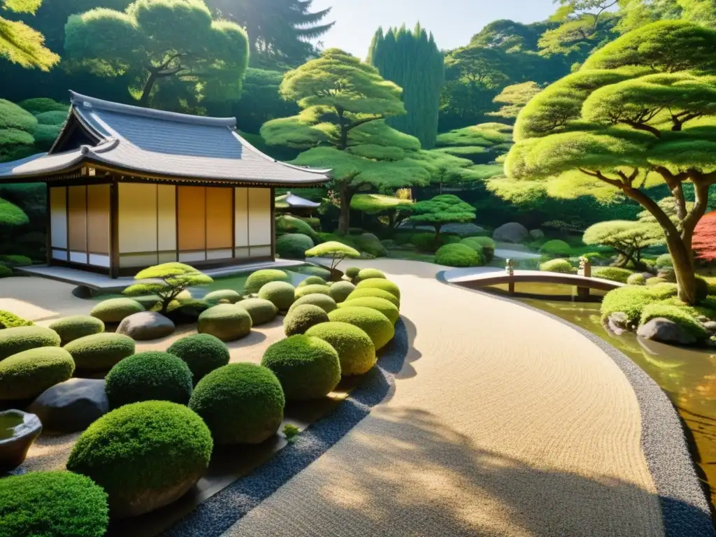 Un jardín japonés sereno con un teahouse tradicional, un samurái practicando artes marciales y una armonía natural