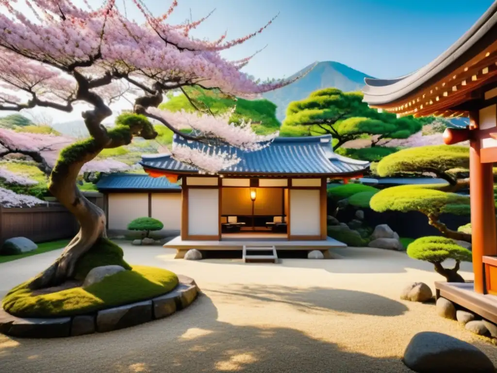 Un jardín japonés sereno con un tea house tradicional, árboles de cerezo en flor y una figura en kimono meditando bajo un bonsái