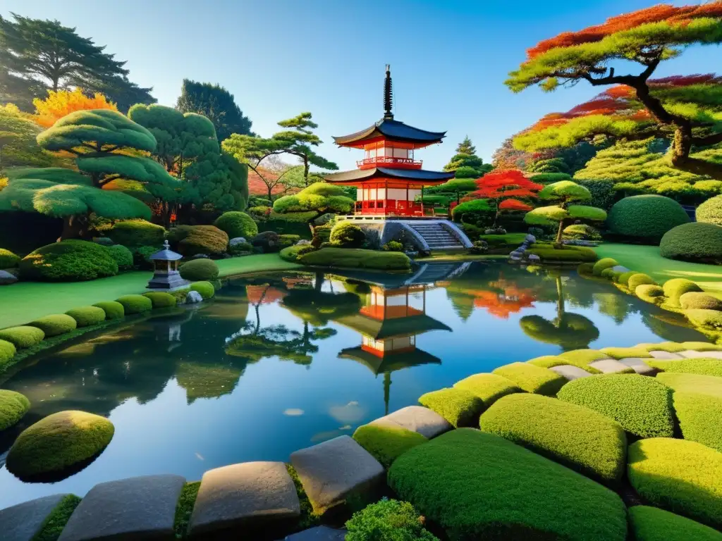 Un jardín japonés sereno con musgo verde, estanque tranquilo y una pagoda majestuosa