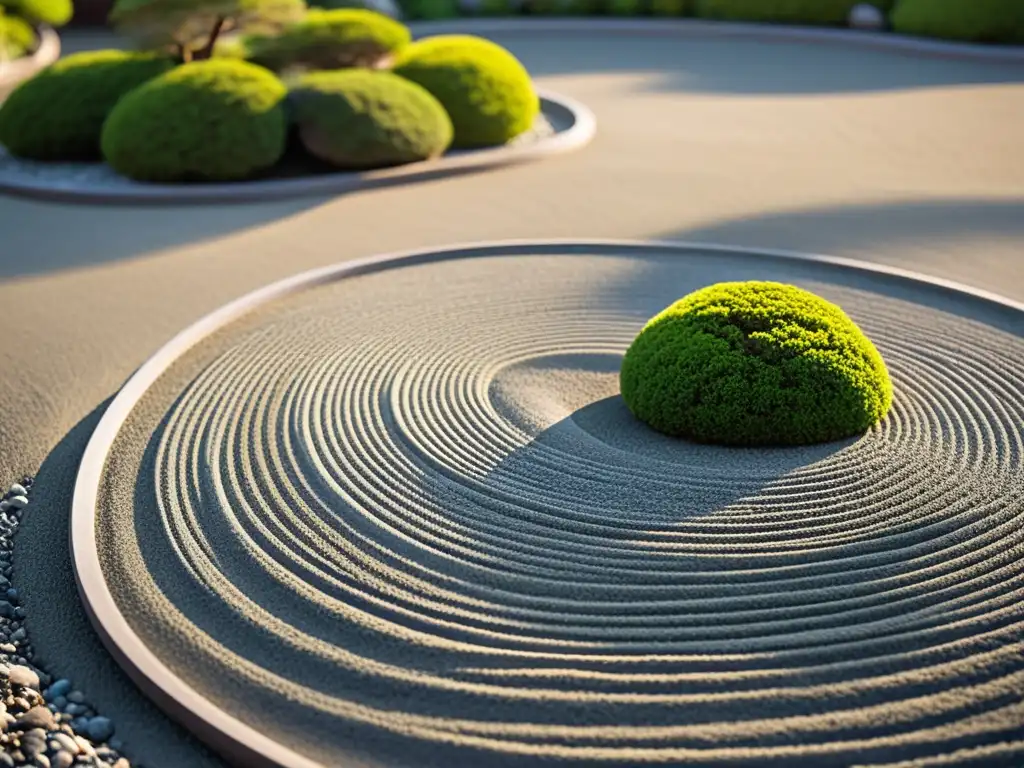 Un jardín zen japonés con simbolismo samurái: patrones de grava, rocas y cerezos en flor crean una serena armonía