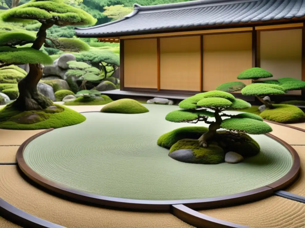 Un jardín zen japonés con simbolismo, samurái meditando