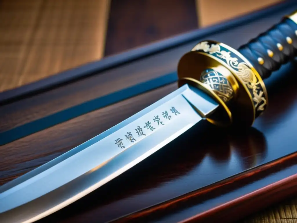 Un wakizashi japonés descansa en un soporte de madera oscura, con inscripciones y detalles exquisitos