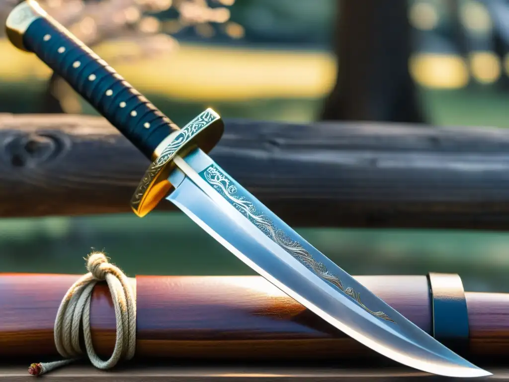 Un wakizashi japonés descansa sobre un soporte de madera en tiempos de guerra, con patrones de acero y grabados de flores de cerezo