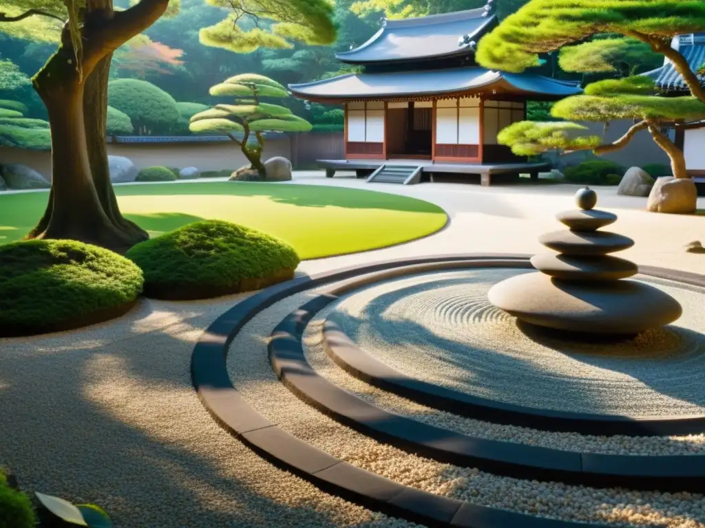 Un jardín zen japonés tradicional con estrategia samurái y dualidad zen