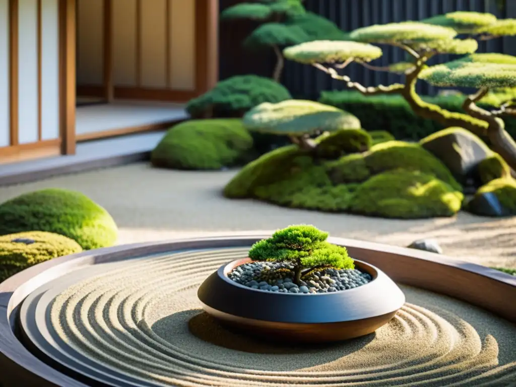 Un jardín Zen japonés tradicional con grava, rocas y musgo, bañado por la luz del sol entre árboles