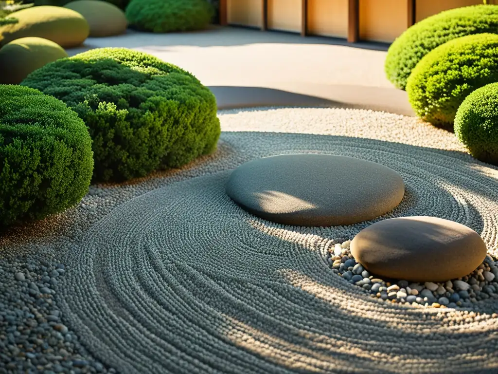 Un jardín zen japonés tradicional, con patrones meticulosamente rastrillados en la grava, rocas y vegetación