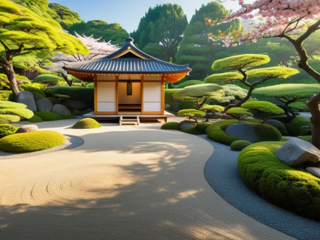 Un jardín zen japonés tradicional con rocas, grava y árboles en flor