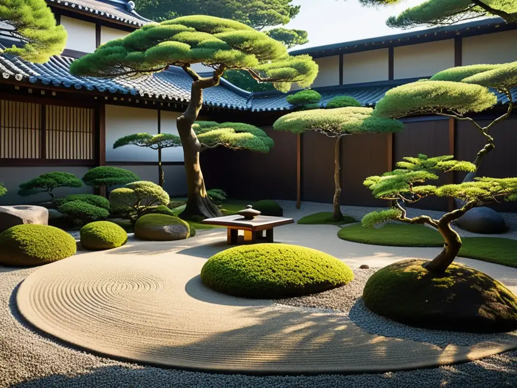 Jardín Zen japonés con tranquilidad y armonía, reflejando la importancia de la filosofía Zen en samuráis