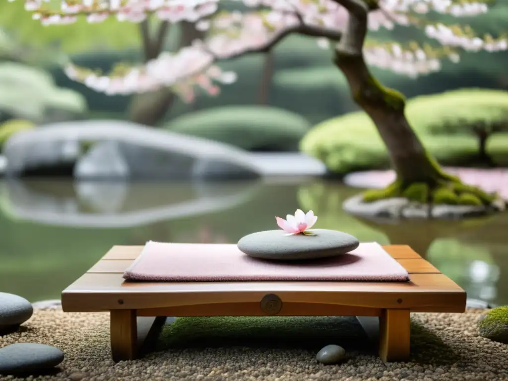 Jardín japonés zen con cerezo en flor Jardín japonés tranquilo con árbol de cerezo en flor