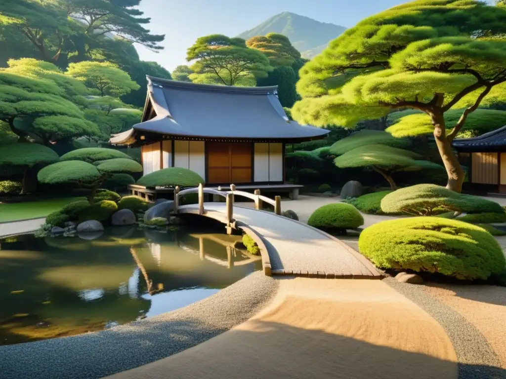 Un jardín japonés tranquilo con árboles podados y un puente de madera sobre un estanque