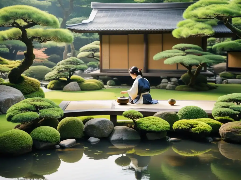 Un jardín japonés tranquilo con árboles bonsái, un puente de piedra sobre un estanque y una casa de té