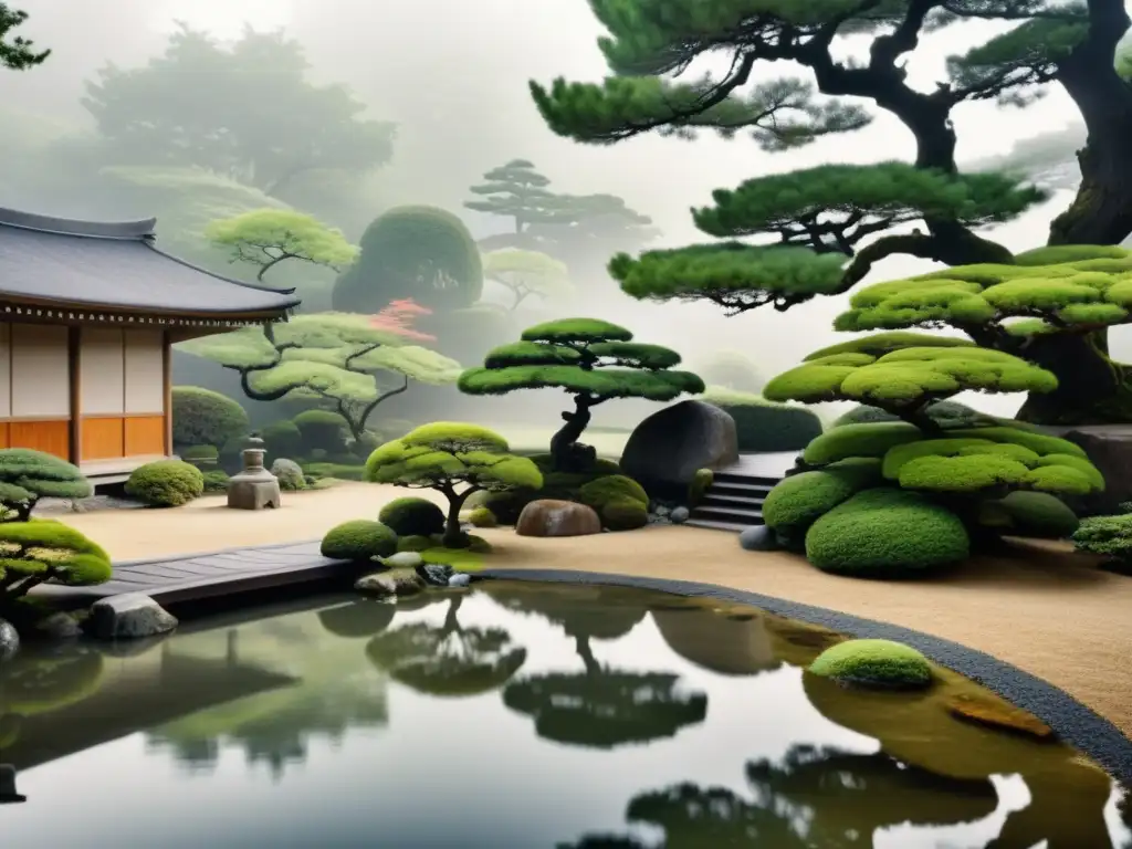 Un jardín japonés tranquilo con bonsáis, una casa de té tradicional y un estanque sereno, envuelto en una suave neblina