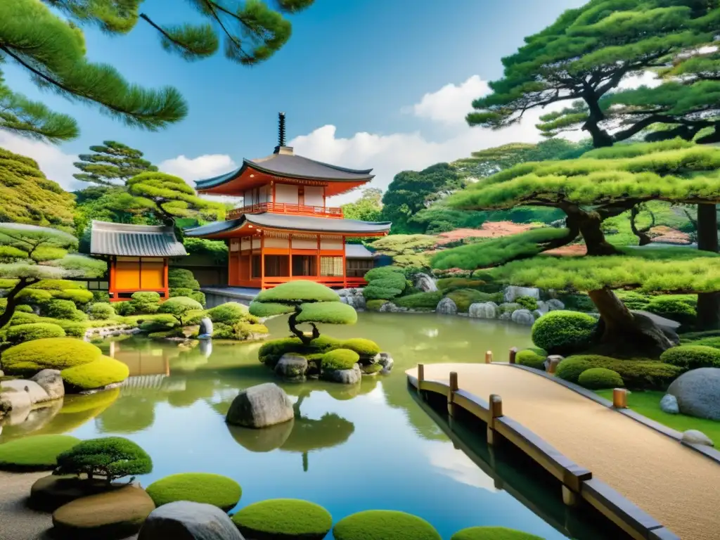 Un jardín japonés tranquilo refleja la herencia samurái con árboles cuidados, un estanque sereno y arquitectura tradicional