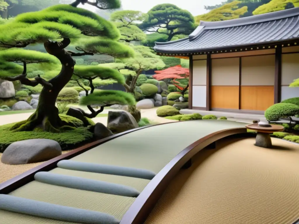 Jardín japonés tranquilo con influencia samurái, árboles podados y casa de té tradicional