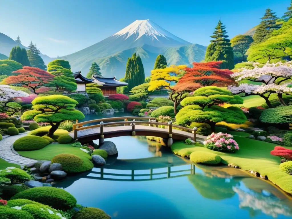 Un jardín japonés tranquilo con un río serpenteante, rodeado de exuberante vegetación y flores coloridas