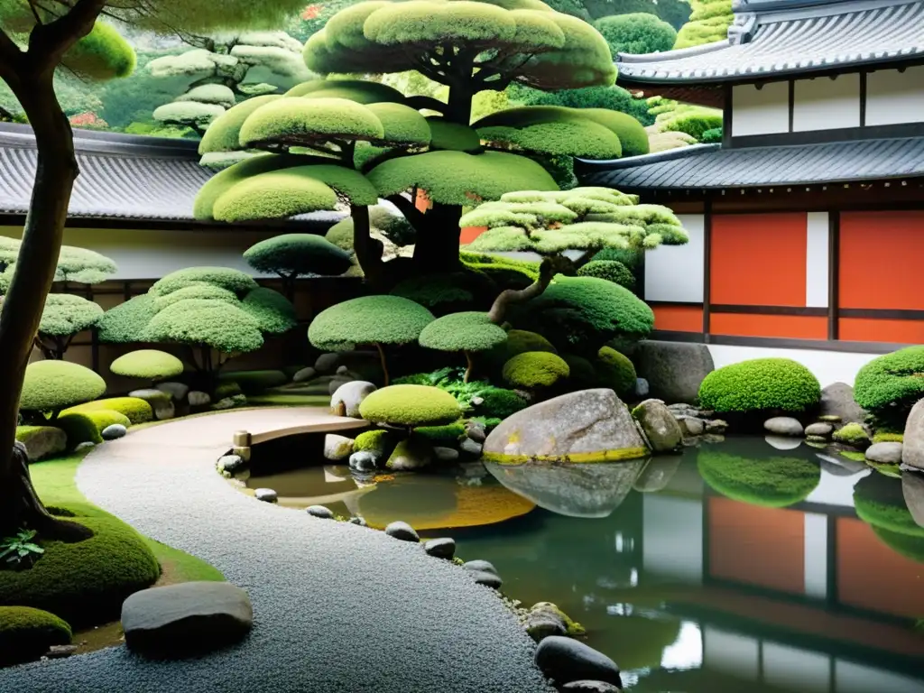 Jardín japonés tranquilo dentro de castillo samurái, con rocas, árboles podados y agua