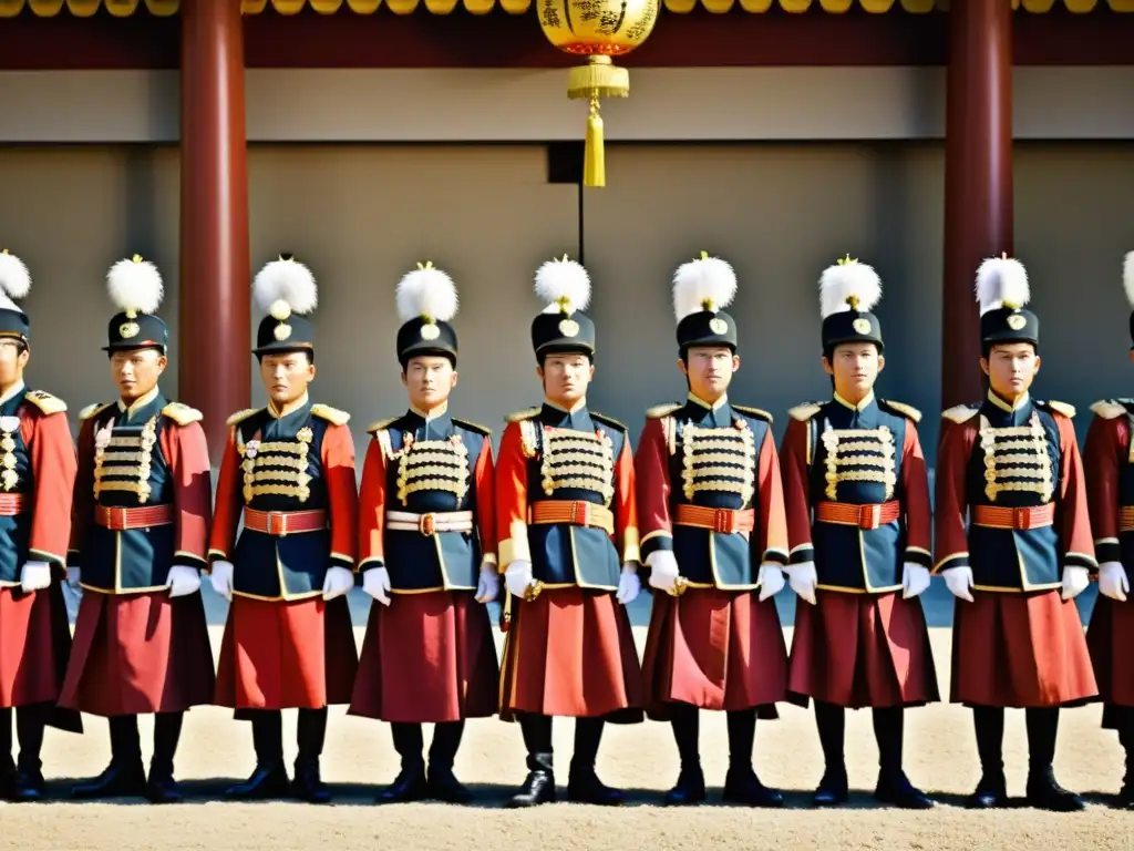 La Guardia Imperial Japonesa muestra su equipamiento especial frente al Palacio Imperial de Tokio, irradiando disciplina y honor