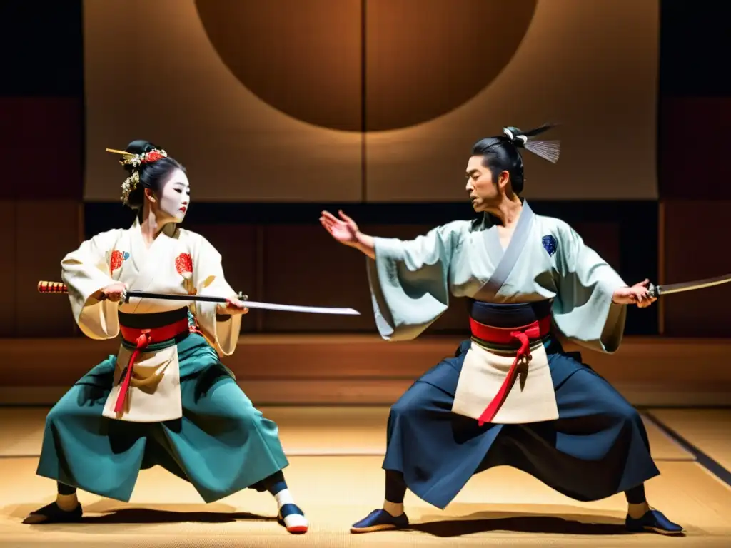 Actuación Noh japonesa con influencia de las batallas samurai, en un escenario minimalista con iluminación sutil y movimientos precisos y fluidos