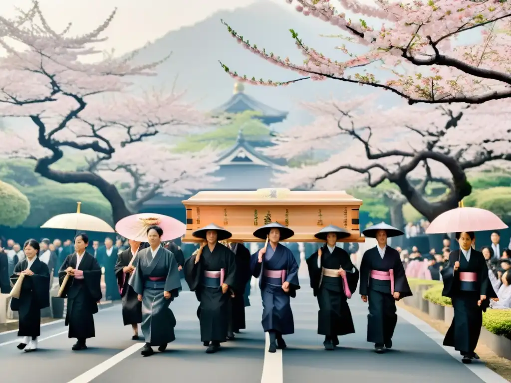 Una procesión fúnebre japonesa, con solemnidad y belleza, entre cerezos en flor