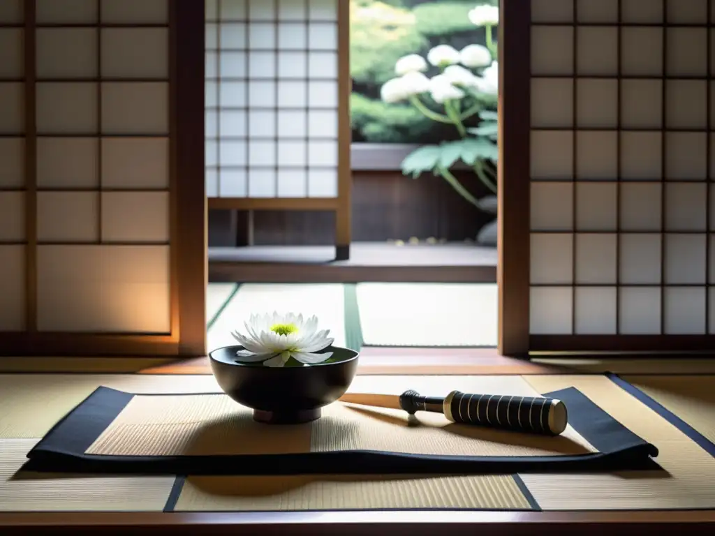 Una habitación tatami japonesa con un tanto ceremonial y crisantemos, evocando el significado espiritual del seppuku samurái