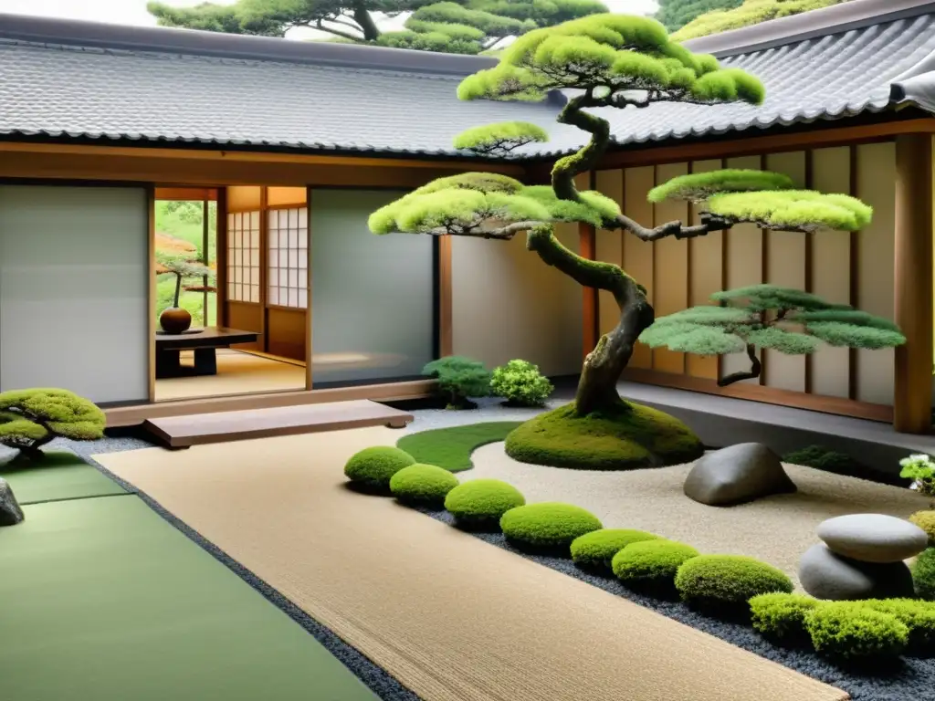 Inspiración samurái en jardines japoneses: Paisaje sereno con jardín tradicional, rocas, plantas y estructura de madera al atardecer