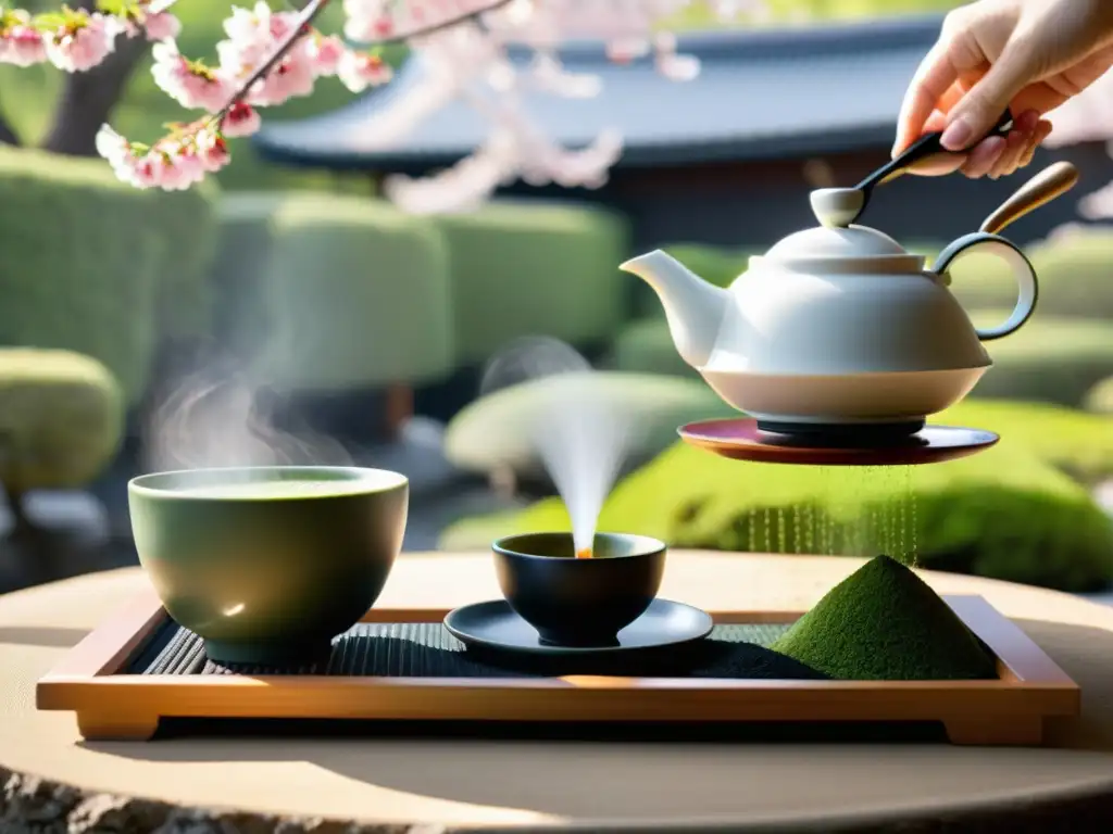 Un jardín sereno con una casa de té japonesa tradicional entre cerezos vibrantes