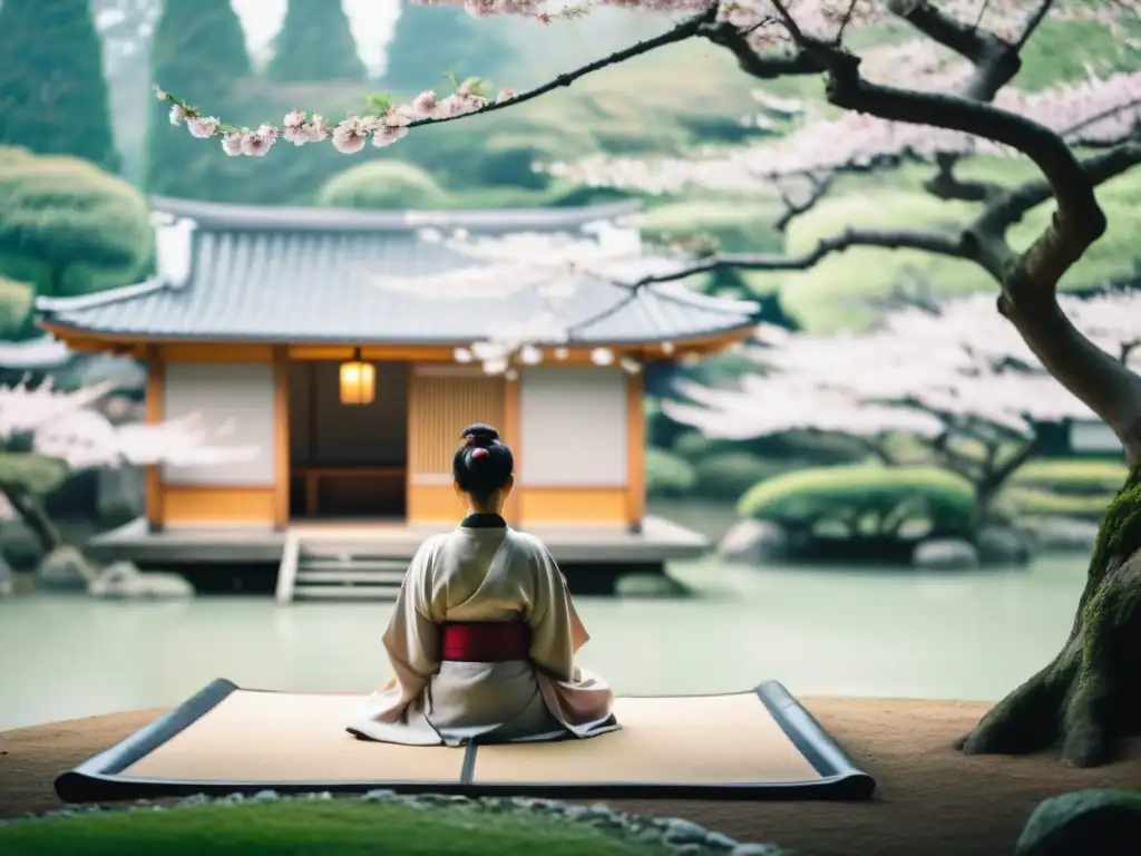 Un jardín sereno cubierto de niebla con árboles de cerezo y una casa de té tradicional japonesa al fondo