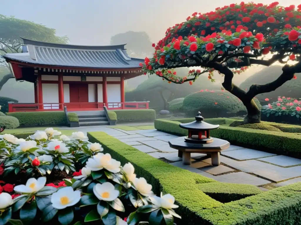 Un jardín sereno cubierto de niebla al amanecer, con una linterna japonesa entre flores de camelia rojas y blancas