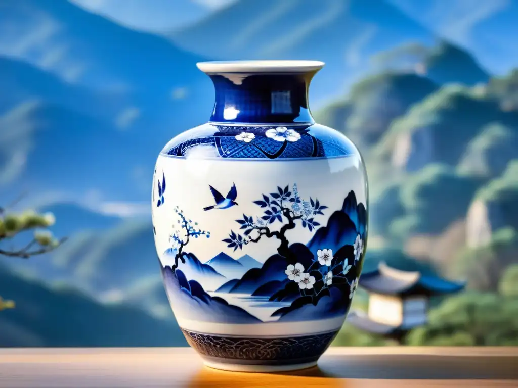 Un jarrón coreano de porcelana con patrones de ciruelo azul y blanco, en un entorno de montaña brumosa