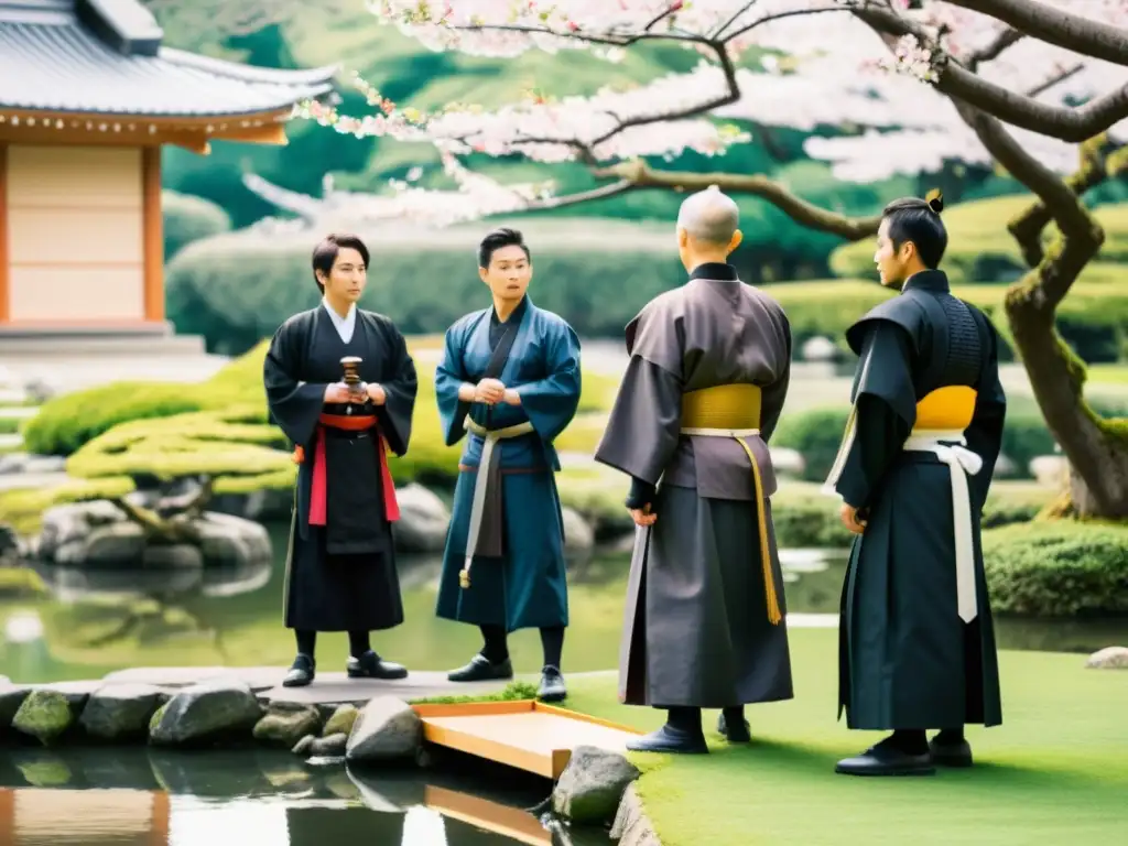 Jesuitas conversan con jóvenes samuráis en un jardín japonés, en una atmósfera de respeto y intercambio cultural