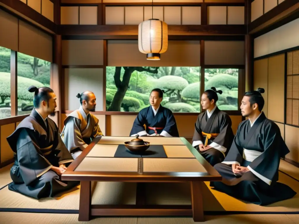 Jesuitas y samurais en una tensa conversación en una casa de té japonesa, reflejando los desafíos de los Jesuitas en Japón