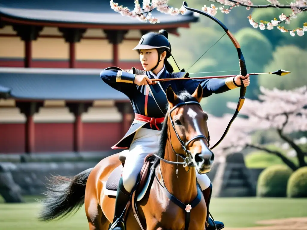Un jinete contemporáneo practica arquería a caballo, fusionando la influencia samurái en equitación con arquitectura japonesa y cerezos en flor