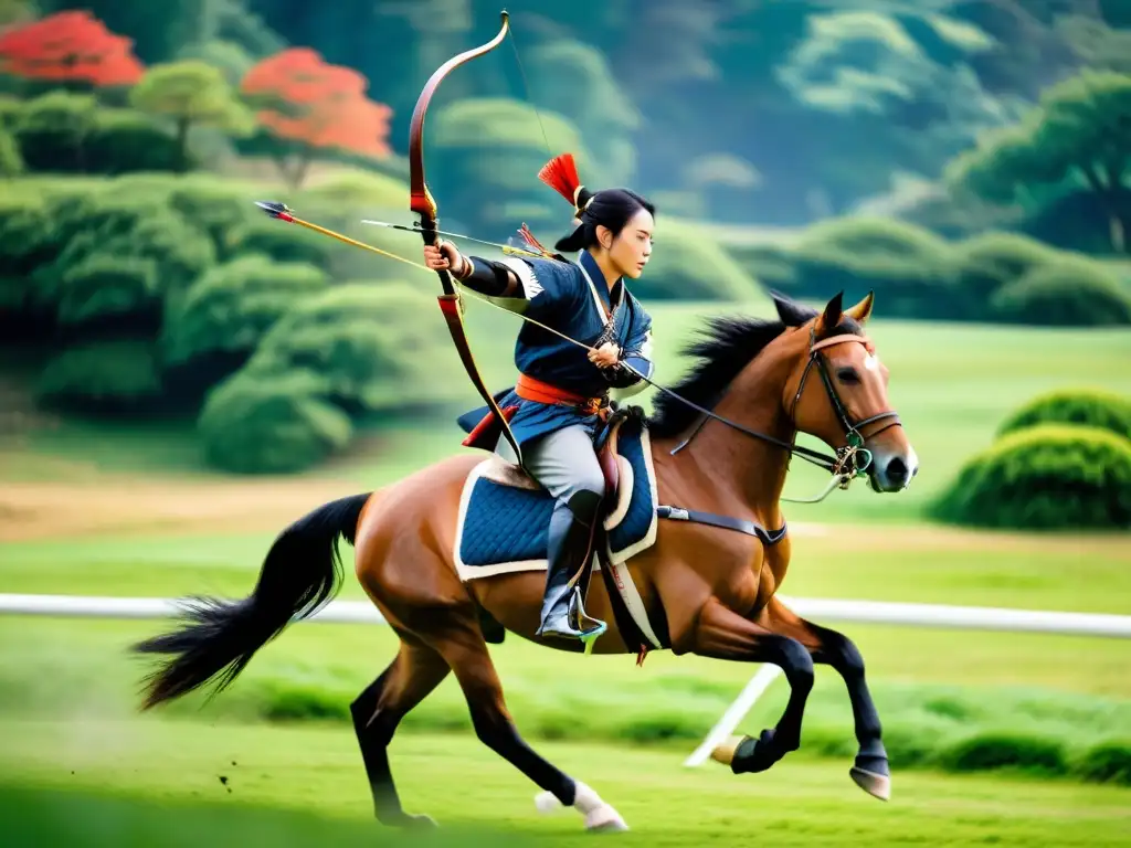 Un jinete experto realiza el yabusame, arquería a caballo samurái, en un paisaje japonés sereno, destacando la influencia samurái en la equitación