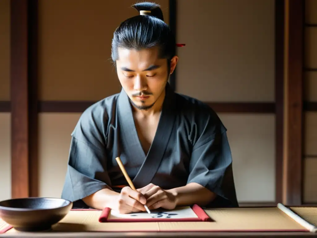 Un joven aprendiz samurái practica caligrafía en un dojo, mostrando la precisión y disciplina de la 'Caligrafía como expresión espiritual samurái'