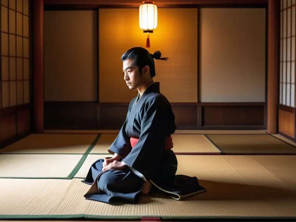 Un joven aprendiz de samurái practica caligrafía en un dojo tradicional iluminado por linternas