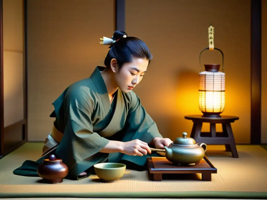 Un joven aprendiz de samurái sirve té con precisión y respeto en una ceremonia japonesa, destacando la importancia del protocolo samurái