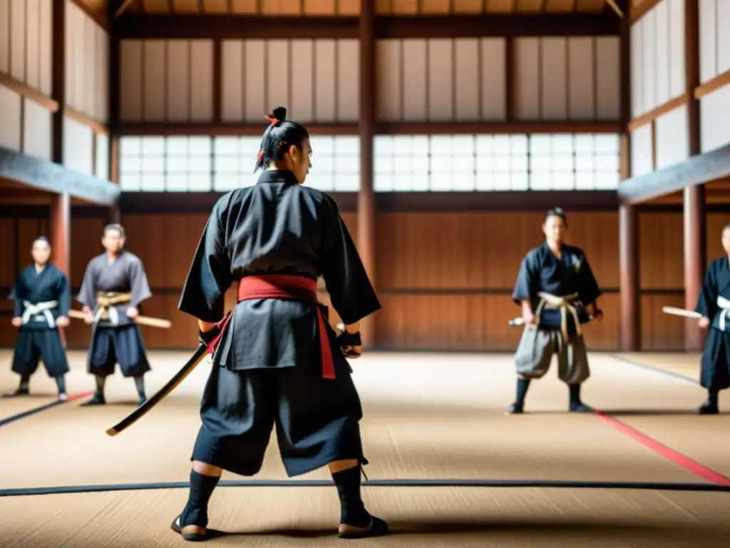 Joven Musashi combate samurái en tradicional dojô con compañeros y maestros, inmerso en intenso entrenamiento con bokken de madera