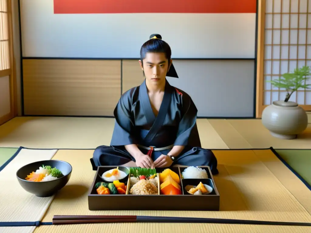 Joven samurái preparando una dieta tradicional, mostrando disciplina y mindfulness en su comida