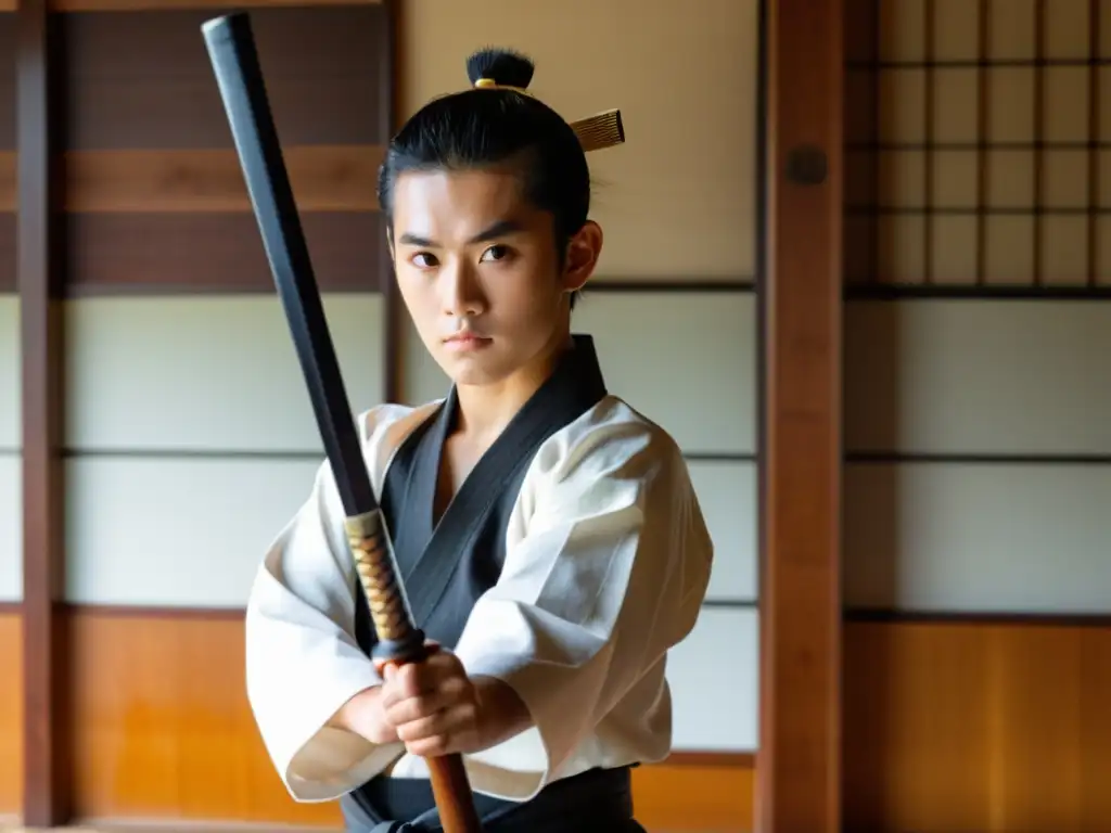 Joven samurái en dojo, concentrado con su bokken, observado por el sensei