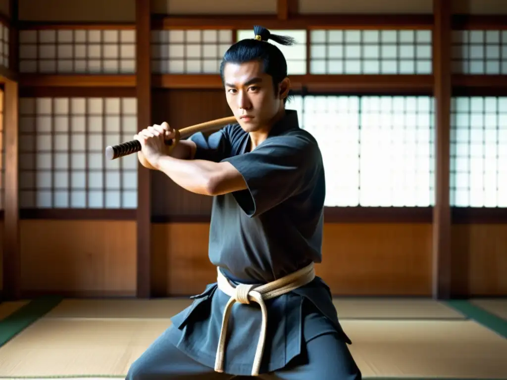 Joven samurái entrenando intensamente en un dojo japonés, con determinación y enfoque