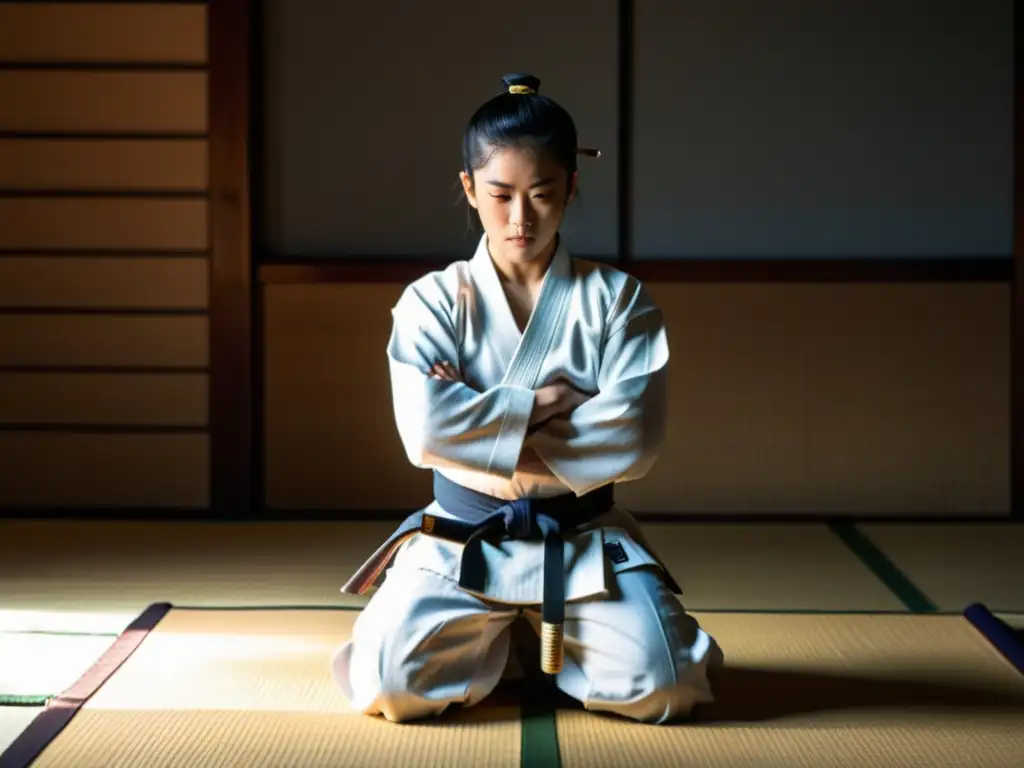 Un joven samurái en entrenamiento en un dojo tradicional, con un gi blanco y una espada de madera