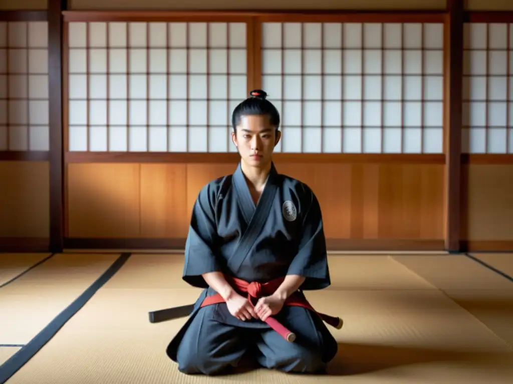 Un joven samurái en entrenamiento practica movimientos precisos de espada en un tradicional dojo japonés, bajo la atenta mirada de su sensei